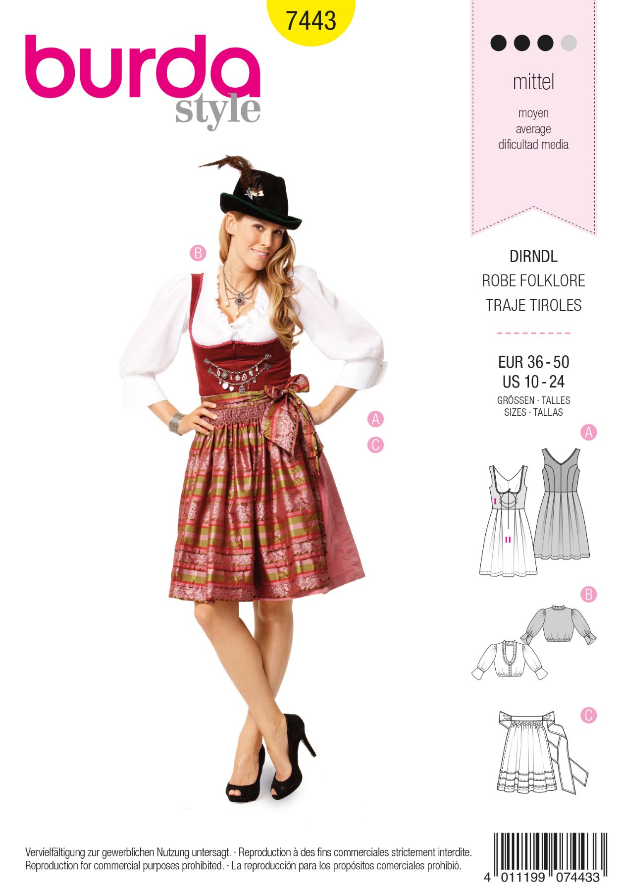 Burda Geel 7443 - Folklore jurk