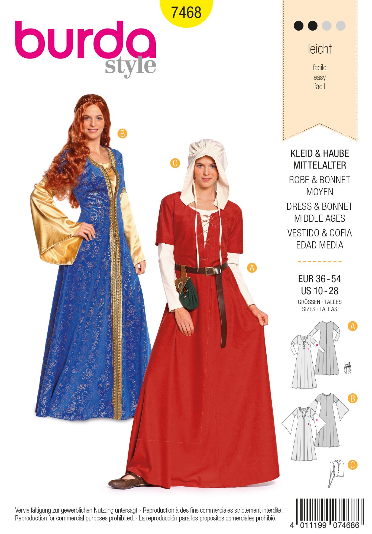 Burda Geel 7468 - Middeleeuwse jurk en kapje