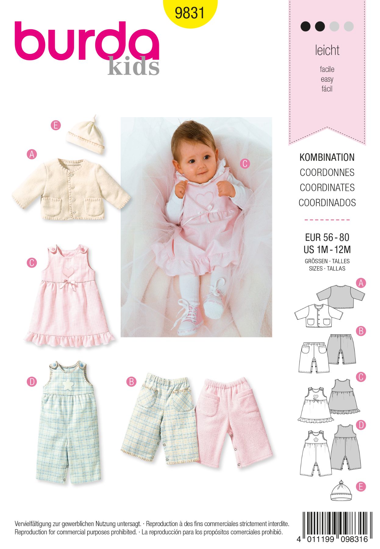 Burda Geel 9831 - Combinatie: babykleding in variaties
